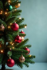 Obraz premium Ornaments and lights on a Christmas tree stand alone , Christmas tree, winter decor