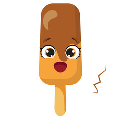 Obraz premium Surprised chocolate popsicle with big glossy eyes and open mouth, isolated on white background, ideal for food characters, kids designs, emotional stickers and summer illustrations
