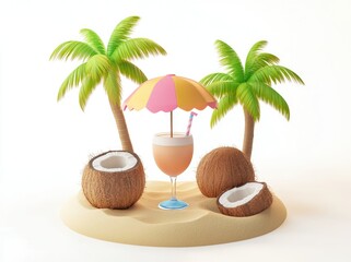 Tropical Beach 3D Scene with Coconut Drink, Palm Trees, and Umbrella  Summer Vacation Concept


