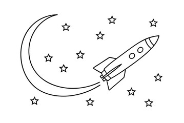 Rocket Flying In Space With Moon And Stars Outline Illustration Design