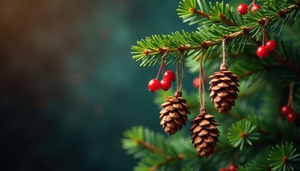 Wooden Christmas tree branch with pinecones and berries hanging from it, Cozy Cabin Ambiance, Forest Fresh Decor, Rustic Holiday Decor