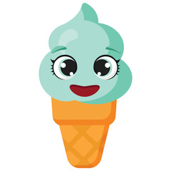 Happy mint ice cream in waffle cone with expressive eyes and smile, perfect for kids' projects, dessert branding, educational materials, and playful food illustrations