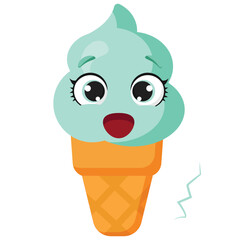 A shocking mint ice cream cone with wide eyes and a shocking expression, perfect for educational materials, food packaging, children's books and summer-themed designs