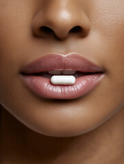 Naklejka premium Close-up of woman's lips with a pill resting between them