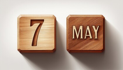 Illustration of wooden blocks with date 7 May. Day and month, simple calendar