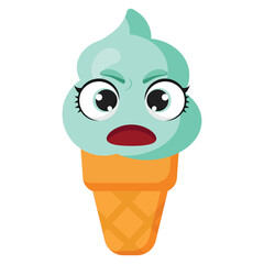 Mint green ice cream cone with angry facial expression and wide open eyes, ideal for educational activities, kids books, packaging or food character concepts