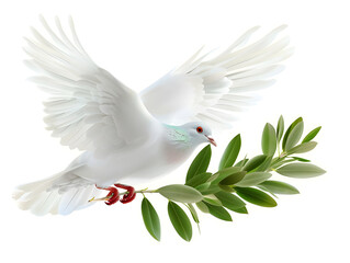 Obraz premium graceful pigeon flying with olive branch in beak, peace symbol, soft white feathers and gentle glow, isolated on white background