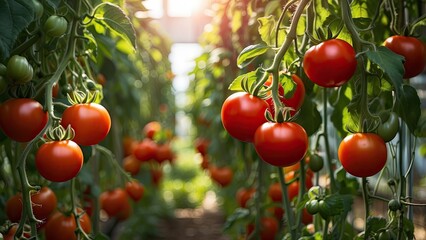A close-up of vibrant red tomatoes hanging in a greenhouse, clustered on a green vine with lush, green leaves