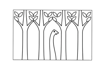 Nessie The Loch Ness Monster In Forest Line Art Illustration