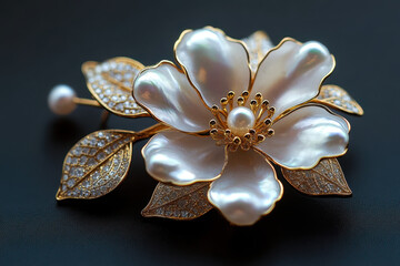 Gold and pearl flower brooch on rich blue velvet fabric, highlighting intricate details and elegant design.