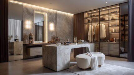 Luxury dressing room with seating island and marble vanity  
