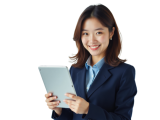 Business portrait isolated on white transparent background: A smiling Asian woman in a navy blazer and light blue shirt confidently holds a tablet while looking directly at the viewer.
