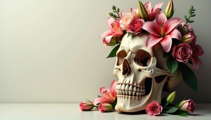 Floral wreath adorns human skull with roses and lilies, decadence, ornament, lilies