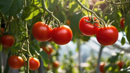 A close-up of vibrant red tomatoes hanging in a greenhouse, clustered on a green vine with lush, green leaves