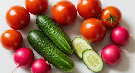 Tomatoes cucumbers and radishes arranged on a white surface food still life.