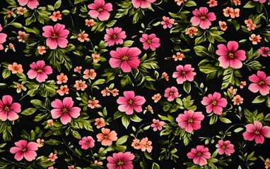 Pink Flowers Dark Background Floral Seamless Pattern