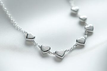 Sterling silver heart necklace on rustic wooden background with soft focus, delicate chain, and shimmering pendant, elegant and romantic.