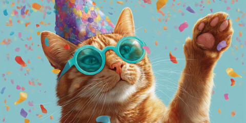 Ginger cat wearing party hat and sunglasses, paw raised, amidst colorful confetti, joyful celebratory mood, fun pet image, perfect for greeting cards