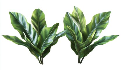 Obraz premium Tropical plant leaves, vibrant green foliage. Detailed illustration of lush leaves, ideal for graphic design, home decor or interior design projects
