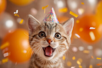 Close-up of a tabby kitten wearing a party hat, surrounded by confetti, symbolizing joy, celebration, and festivity, ideal for birthday or pet-related themes