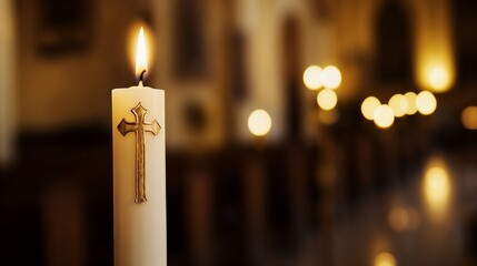 Lit candle with a cross symbol in a church interior providing a spiritual ambience