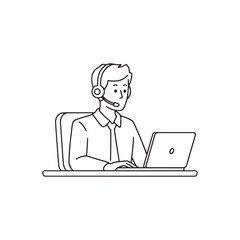 Minimalist Cartoon Customer Service Representative — Black and White Line Illustration