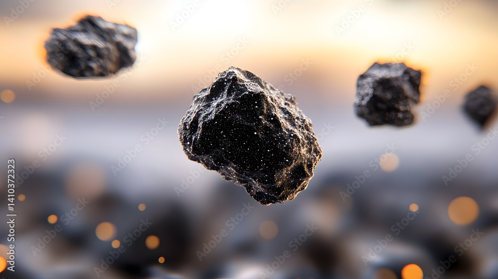 Wall mural floating black rocks with particles against a dreamy background at dusk in abstract environment