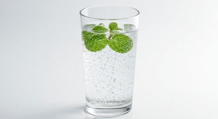 Clear glass filled with water and green sprouts on a white background.