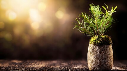 Pine Tree Plant in Decorative Pot with Natural Background and Soft Ambient Lighting