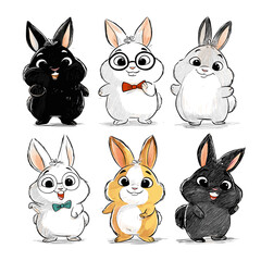 Fototapeta premium Vector illustration of six cute cartoon rabbits in different colors and poses, wearing bow ties and glasses. Adorable character set for children and design