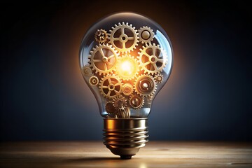 Glowing Light bulb with Interlocking Gears - Innovation and Execution