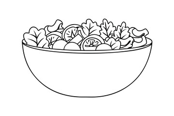 Salad Bowl Outline Drawing With Fresh Vegetables And Green Lettuce Illustration