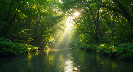 Obraz premium A river flowing through a lush forest with dense green foliage and sunlight filtering through trees.