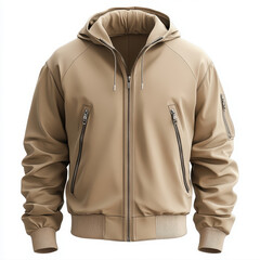 Naklejka premium Tan jacket with zippers on display in boutique window, reflecting cityscape.