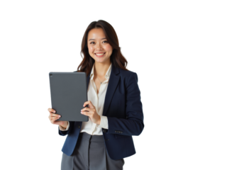 Business portrait isolated on white transparent background: A smiling Asian woman in a professional blazer and white shirt confidently presents a tablet against a plain white background.