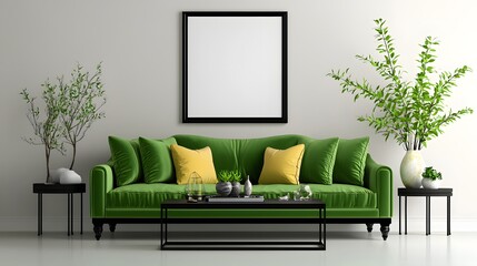 Cozy Living Room Featuring a Green Sofa with Yellow Cushions and Decorative Plants in Modern Design