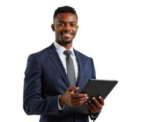 Business portrait isolated on white transparent background: A confident young Black man in a navy suit and tie smiles while holding a tablet against a plain white background.