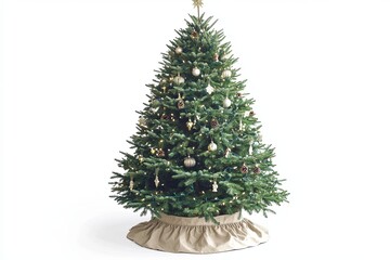 Fototapeta premium Decorated evergreen with ornaments and a star, isolated on white. Beige fabric skirt