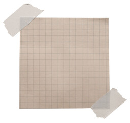 Empty note paper mockup. Message reminder card template isolated on transparent background. Checkered beige paper texture. Grunge ripped adhesive washi tape. Business office stationery object
