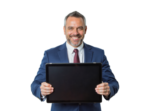 Business portrait isolated on white transparent background: A mature businessman with graying hair and a beard smiles confidently while holding a tablet displaying a blank screen against a clean whi
