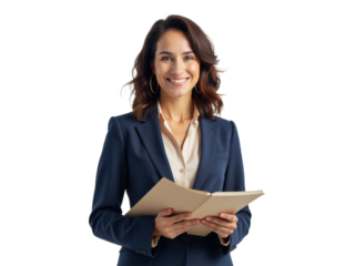 Business portrait isolated on white transparent background: A confident woman in a navy blue suit holds an open notebook, smiling warmly at the viewer against a clean white background.