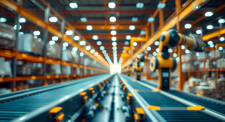 AI-Driven Robotic Arms Sorting Packages in Neon Warehouse