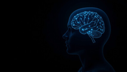 Obraz premium Silhouette Profile with Glowing Neural Network Overlay Visualizing Brain-Computer Interface