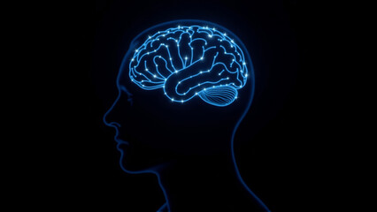 Obraz premium Silhouette Profile with Glowing Neural Network Overlay Visualizing Brain-Computer Interface