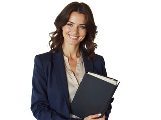 Business portrait isolated on white transparent background: A confident woman in a navy blazer and silk blouse smiles warmly while holding a black portfolio against a plain white background.