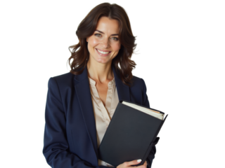 Business portrait isolated on white transparent background: A confident woman in a navy blazer and silk blouse smiles warmly while holding a black portfolio against a plain white background.