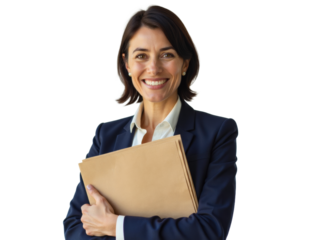Business portrait isolated on white transparent background: A confident businesswoman with dark hair smiles warmly at the camera while holding a folder, exuding professionalism and competence in a m
