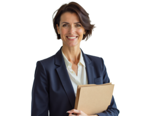 Business portrait isolated on white transparent background: A confident businesswoman with short, dark hair smiles warmly at the camera while holding a file folder and wearing a navy blazer over a w