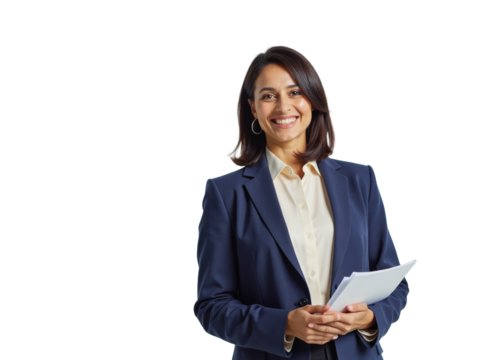 Business portrait isolated on white transparent background: A confident businesswoman with dark hair smiles warmly while holding a document and wearing a navy blazer over a cream blouse.
