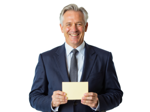 Business portrait isolated on white transparent background: A smiling, mature businessman in a pinstripe suit holds a blank business card, presenting it directly to the viewer against a clean white 